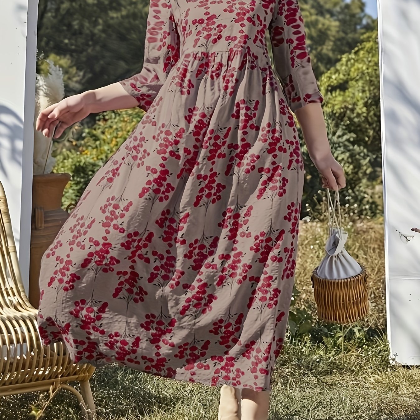 Antmvs Plus Size Boho Dress, Women's Plus Floral Print Half Sleeve Ruched Round Neck Loose Fit Dress
