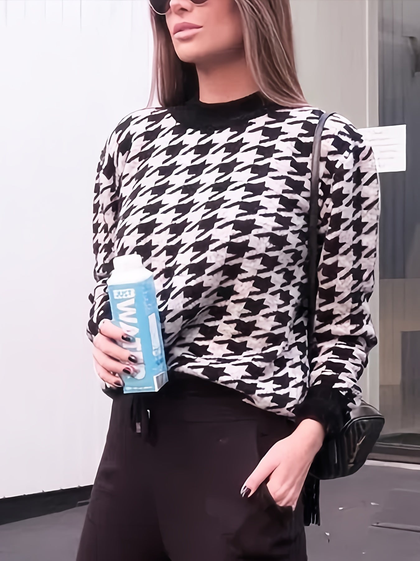 Antmvs Houndstooth Print Knitted Sweater, Casual Long Sleeve Loose Sweater For Fall & Winter, Women's Clothing
