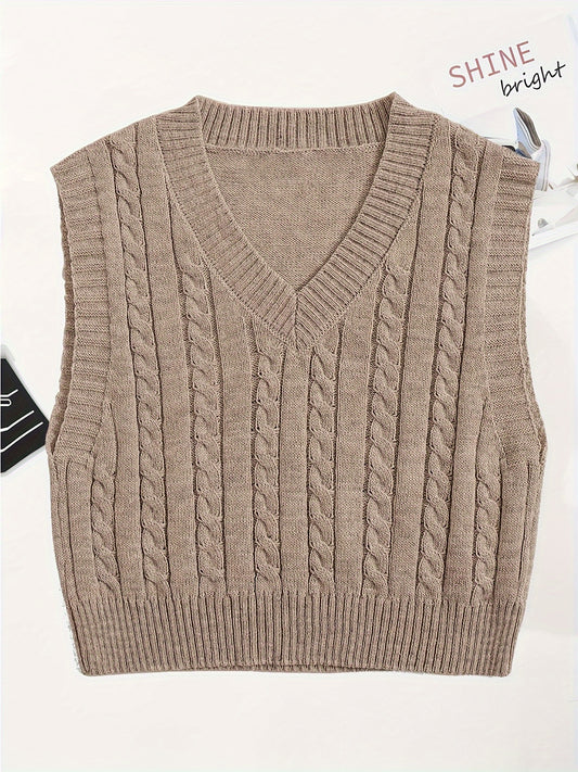 Antmvs Solid V Neck Cable Knit Vest, Elegant Sleeveless Sweater Vest, Women's Clothing