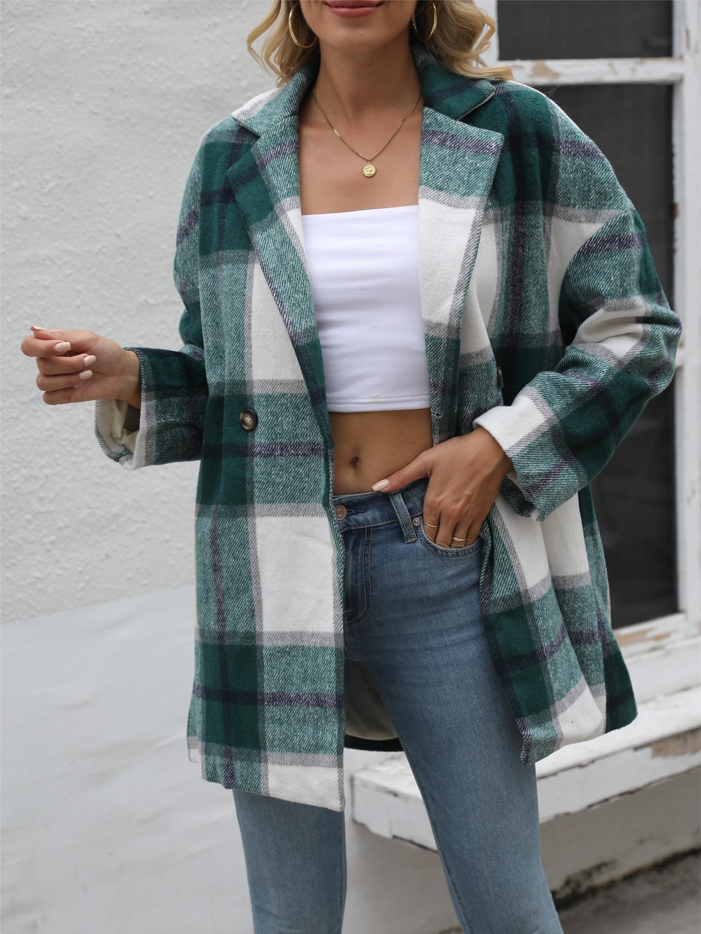 Antmvs Gingham Button Drop Shoulder Coat, Casual Long Sleeve Fashion Loose Plaid Outerwear, Women's Clothing