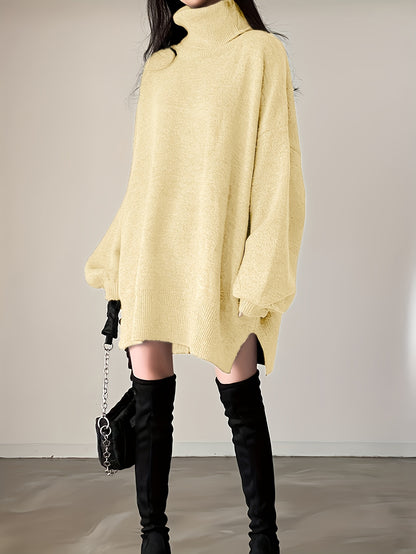 Antmvs Solid Turtle Neck Oversized Sweater, Casual Long Sleeve Split Sweater, Women's Clothing