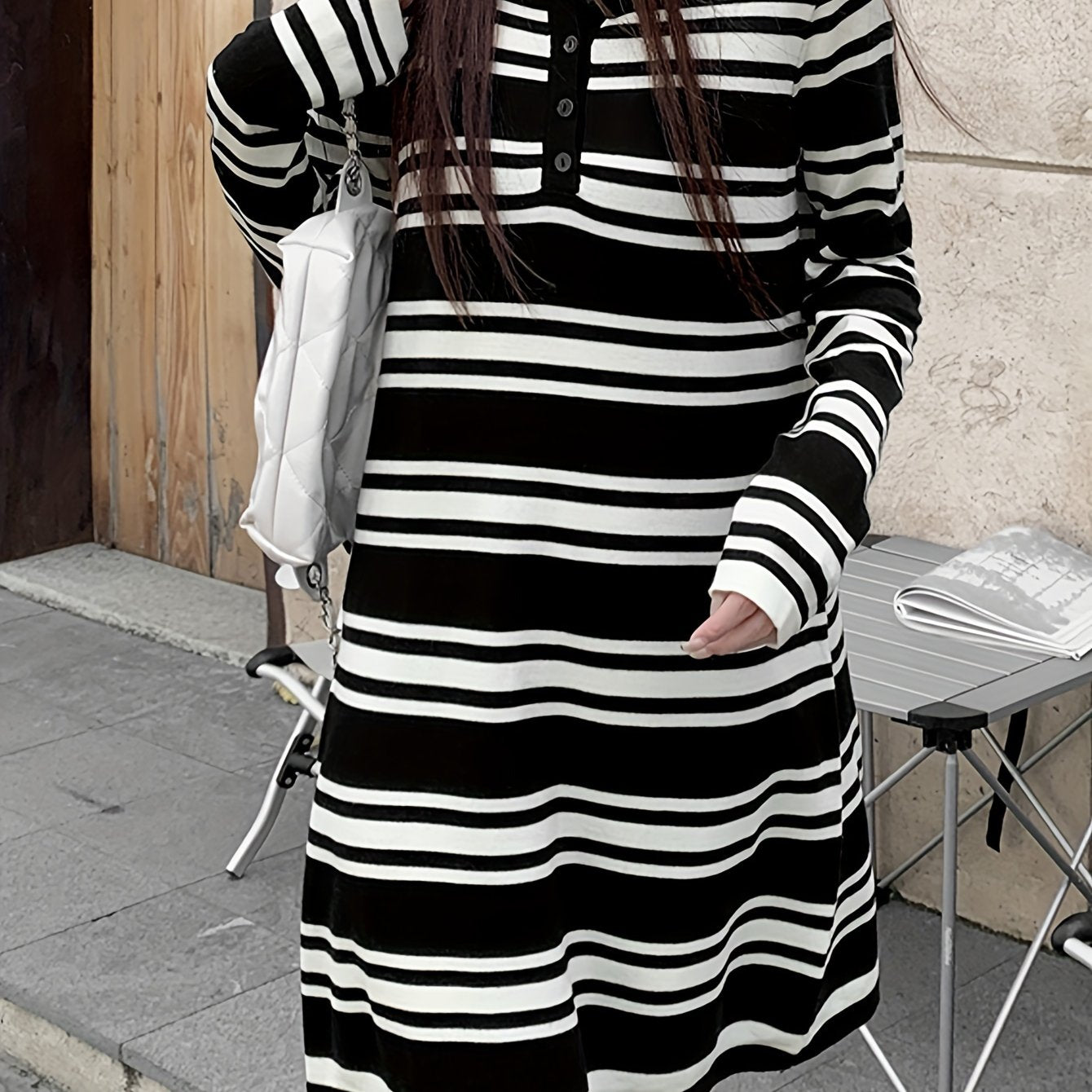 Antmvs Stripe Print Button Collared Dress, Casual Long Sleeve Loose Knit Dress, Women's Clothing