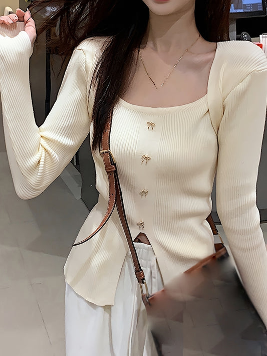 Antmvs Solid Bow Front Knitted Top, Elegant Split Long Sleeve Sweater For Spring & Fall, Women's Clothing