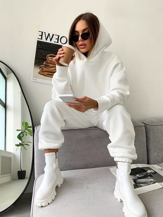 Antmvs Casual Two-piece Set, Solid Hoodie & Elastic Waist Jogger Pants Outfits, Women's Clothing