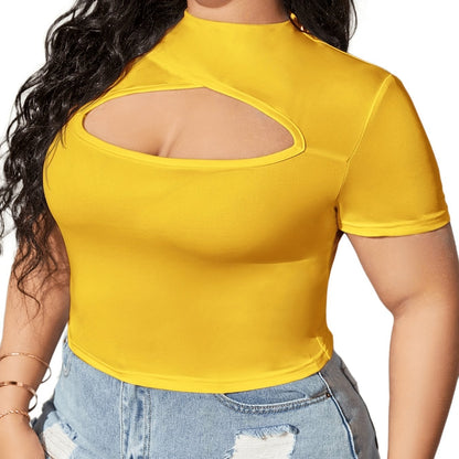 Antmvs Plus Size Sporty Top, Women's Plus Plain Cut Out Short Sleeve High Neck Slight Stretch Top