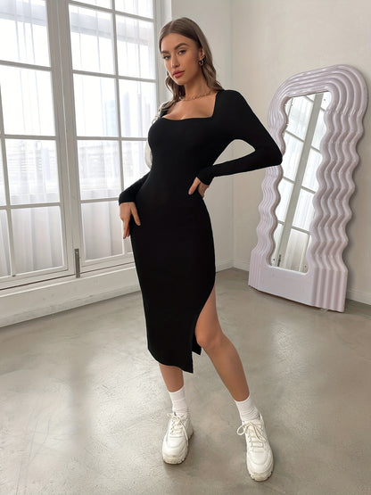 Antmvs Solid Side Split Dress, Casual Slim Long Sleeve Midi Dress, Women's Clothing