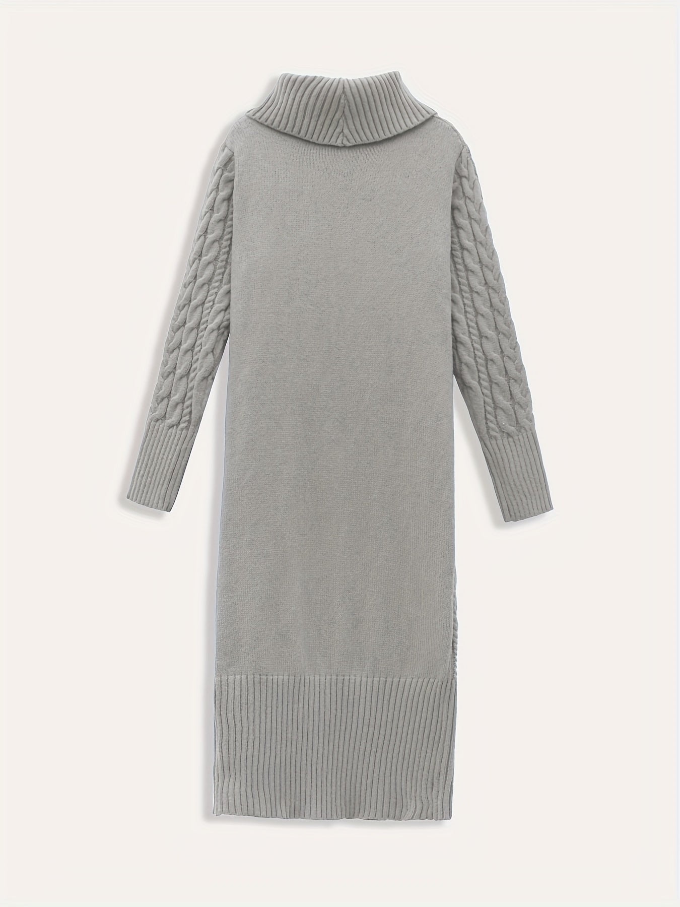 Antmvs Solid Cable Knit Sweater Dress, Casual Turtleneck Long Sleeve Pocket Front Dress, Women's Clothing