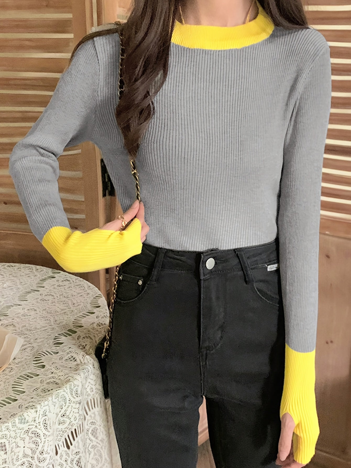 Antmvs Color Block Crew Neck Knitted Top, Casual Long Sleeve Slim Sweater, Women's Clothing