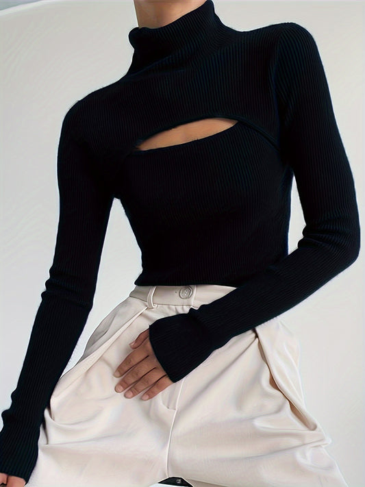 Antmvs Solid Turtle Neck Knitted Top, Casual Cut Out Long Sleeve Slim Sweater, Women's Clothing