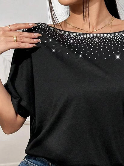 Antmvs Split-Joint Rhinestone Loose Batwing Sleeves One-Shoulder T-Shirts