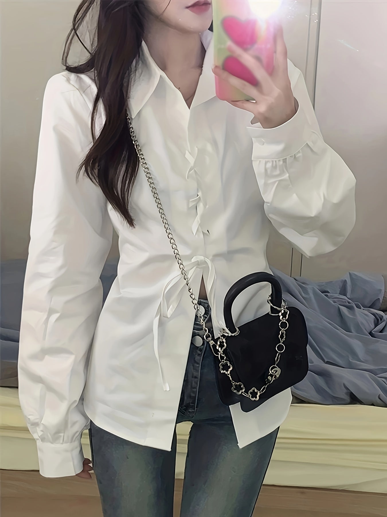 Antmvs Solid Cross Tie Blouse, Casual Long Sleeve Blouse For Spring & Fall, Women's Clothing