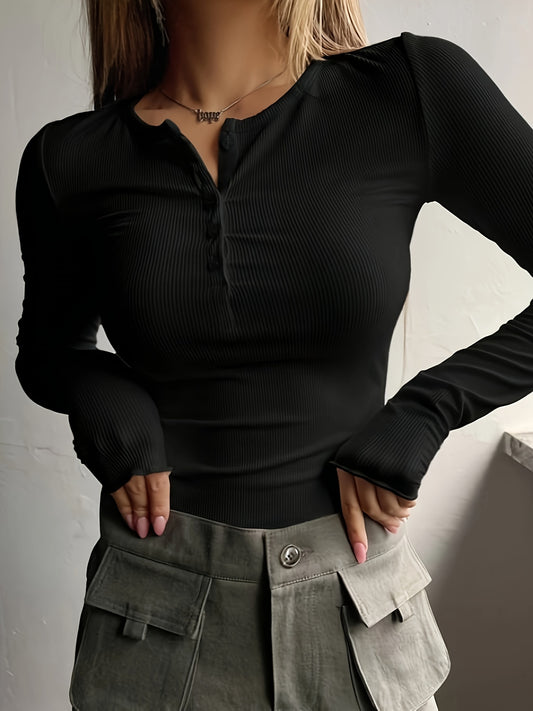 Antmvs Ribbed Button Front T-Shirt, Casual Long Sleeve Top For Spring & Fall, Women's Clothing