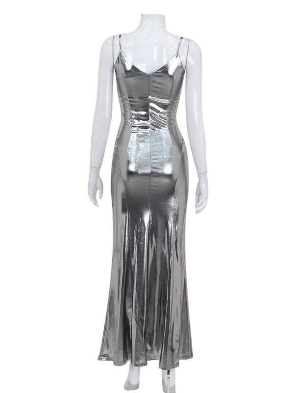 Antmvs Split-Joint Solid Color Shiny Sleeveless V-neck Maxi Dresses