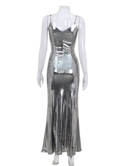 Antmvs Split-Joint Solid Color Shiny Sleeveless V-neck Maxi Dresses