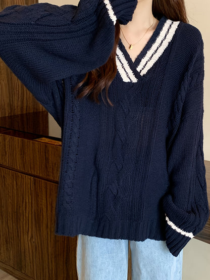 Antmvs Cable Knit V Neck Pullover Sweater, Casual Long Sleeve Oversized Sweater, Women's Clothing