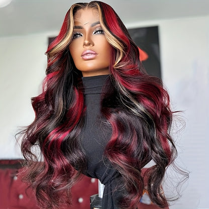 Luxurious Blonde & Red Highlighted Wig | 180% Full Body Wave | 13x4 Pre-Plucked Lace Front | Natural Brazilian Remy Hair for Professional Women