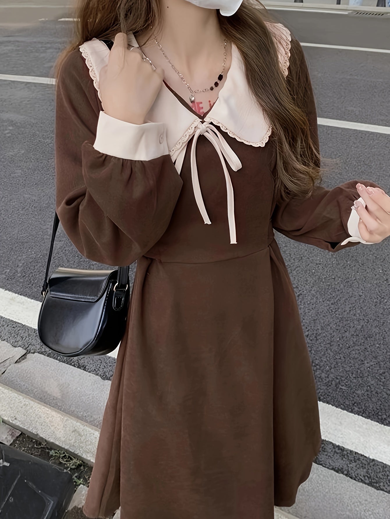 Antmvs Color Block Peter Pan Collar Dress, Casual Long Sleeve A-line Tied Dress, Women's Clothing