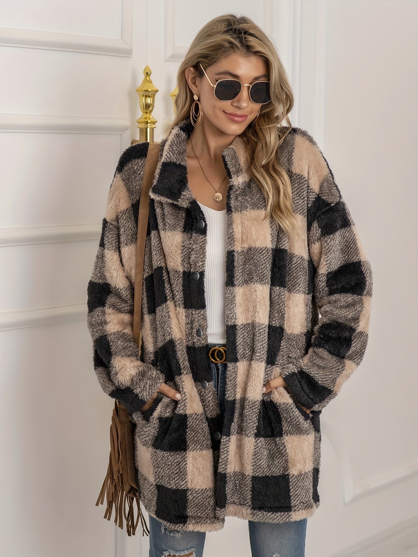 Antmvs Plaid Print Teddy Coat, Casual Button Front Long Sleeve Warm Outerwear, Women's Clothing