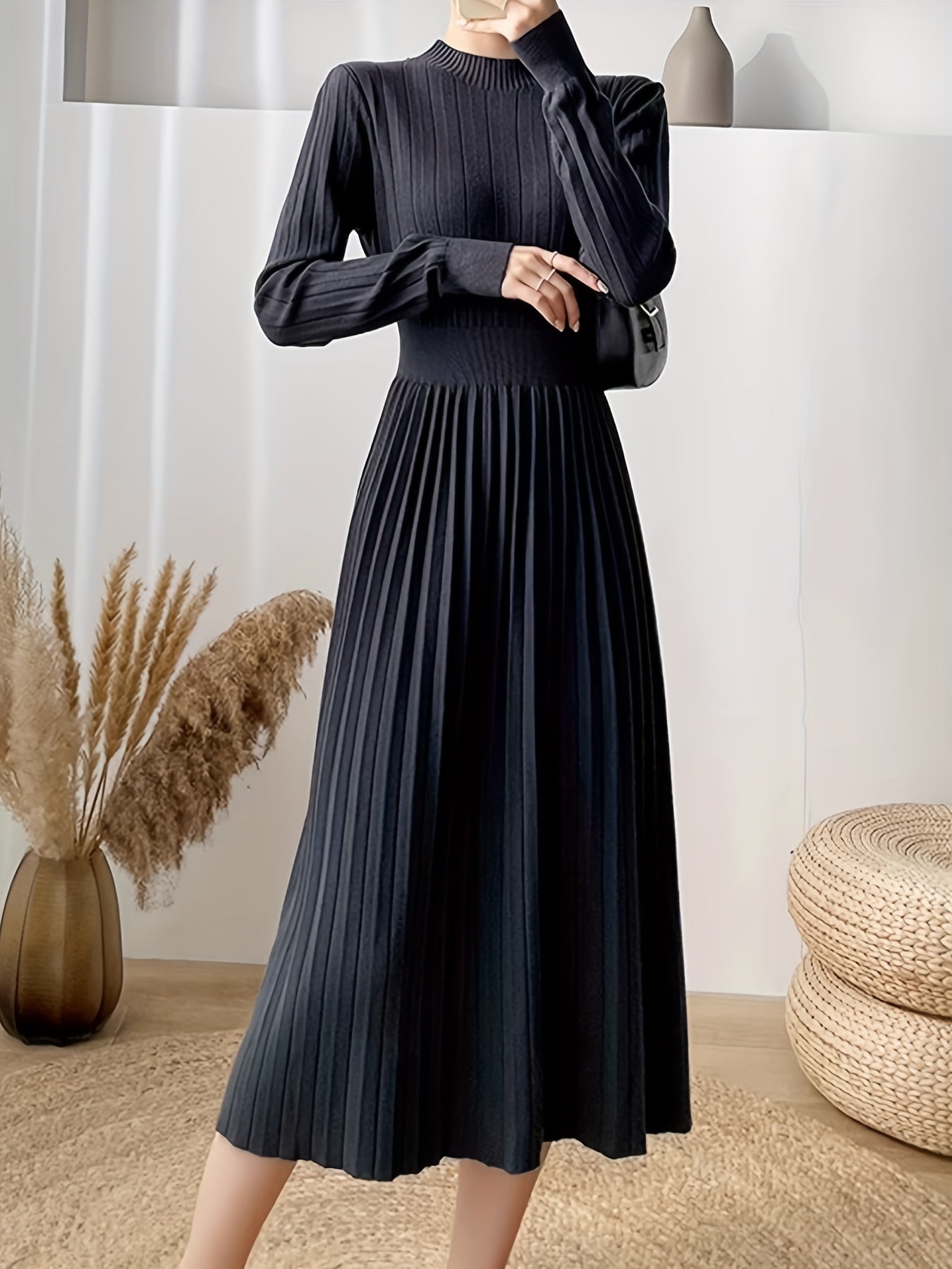 Antmvs Solid Pleated Midi Dress, Elegant Mock Neck Long Sleeve Dress, Women's Clothing