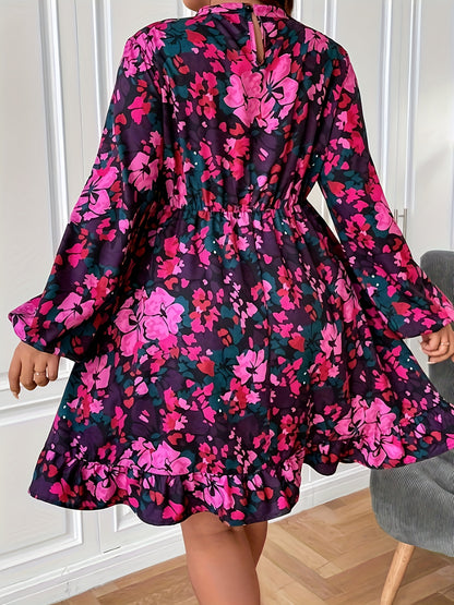 Antmvs Plus Size Casual Dress, Women's Plus Floral Print Lantern Sleeve Round Neck Smock Dress