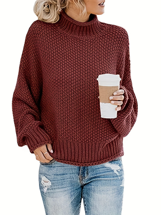 Antmvs Plus Size Casual Sweater, Women's Plus Solid Bat Sleeve Mock Neck Knitted Pullover Sweater