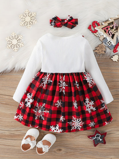 2pcs Toddler Girls' Rib Knit Christmas Dress Set: Patchwork Snowflake Printed Plaid + Headband