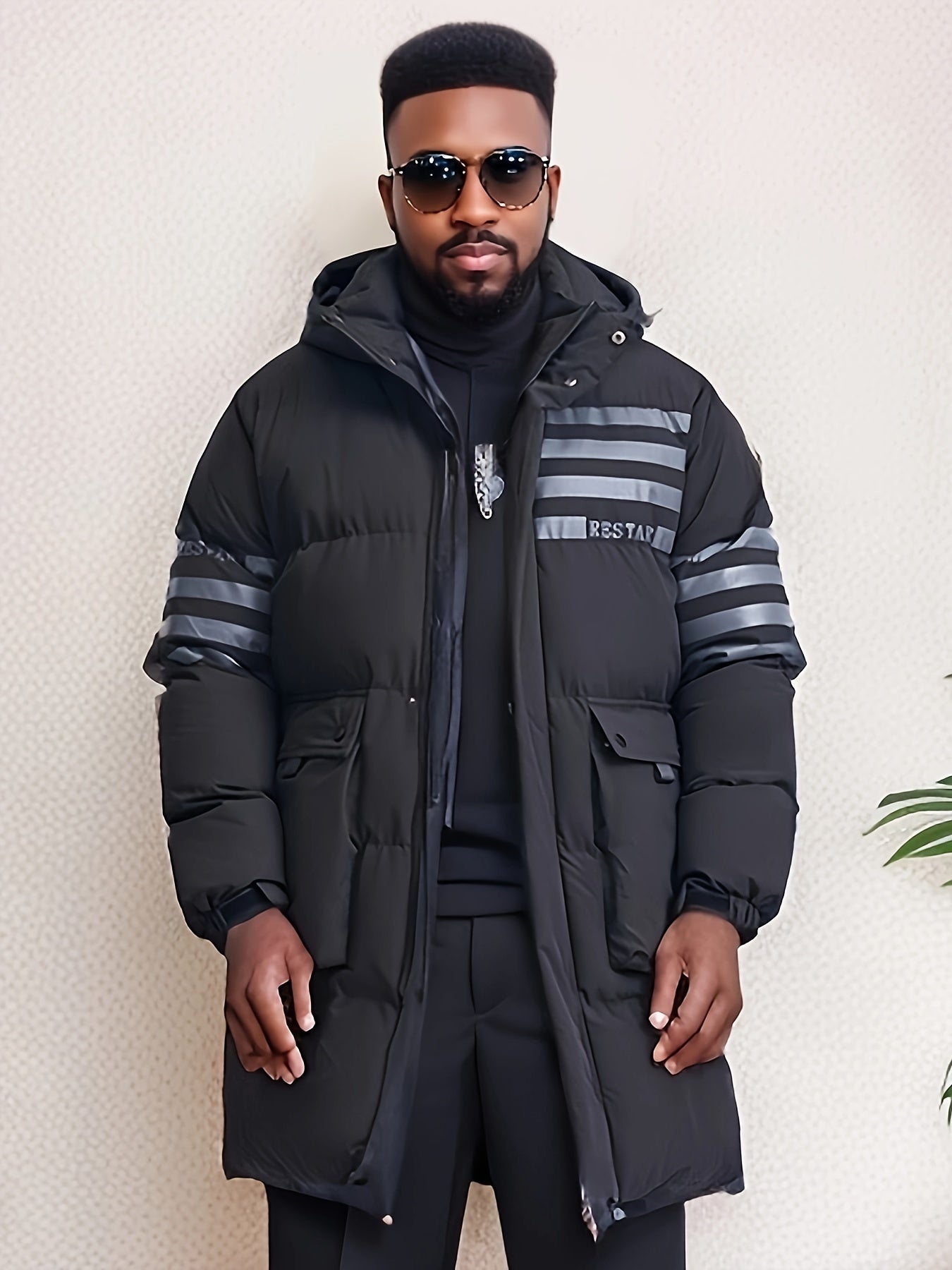 Plus Size Men's Stripes Print Puffer Jacket With Hood Thick Warm Midi Jacket Windbreaker For Fall Winter, Men's Clothing