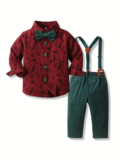 2pcs Boy's Gentleman Outfit, Trendy Bowtie Shirt & Overalls Set for Christmas Style Formal Wear