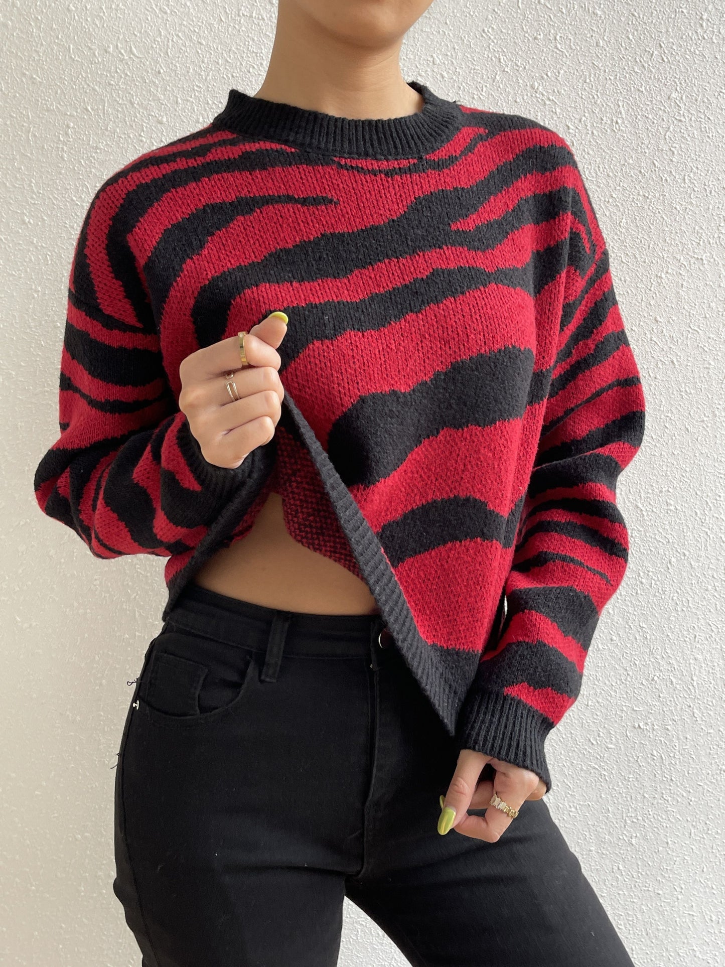 Antmvs Color Block Round Neck Long Sleeve Sweater, Vintage Jacquard Striped Comfy Autumn Sweater, Women's Clothing