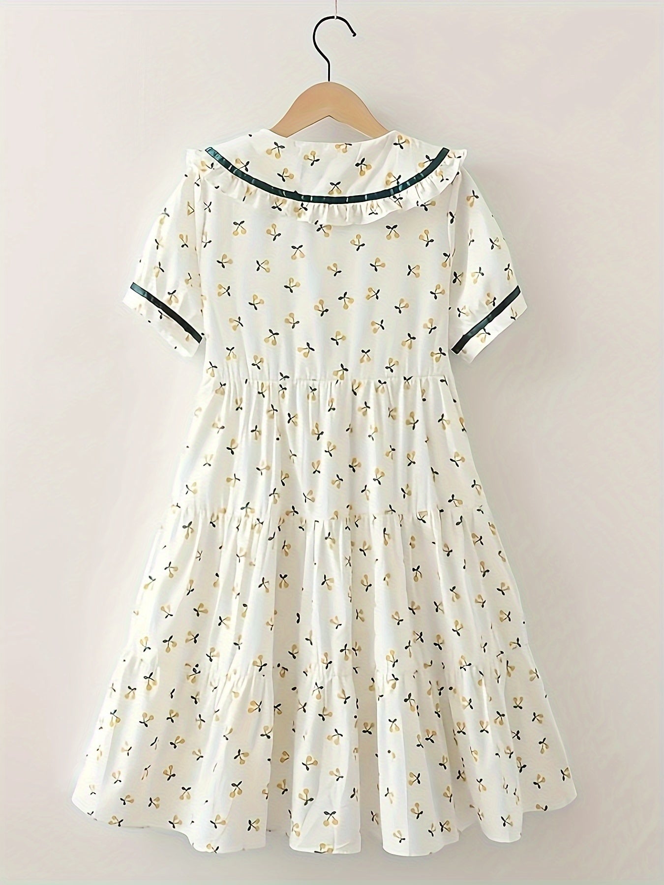 Midi Length Fit and Flare French Floral Patterned Cotton Dress for Girls - Short Sleeve, Lapel Collar, Button Front, Flared Hem - Perfect for Summer Vacation and Casual Occasions