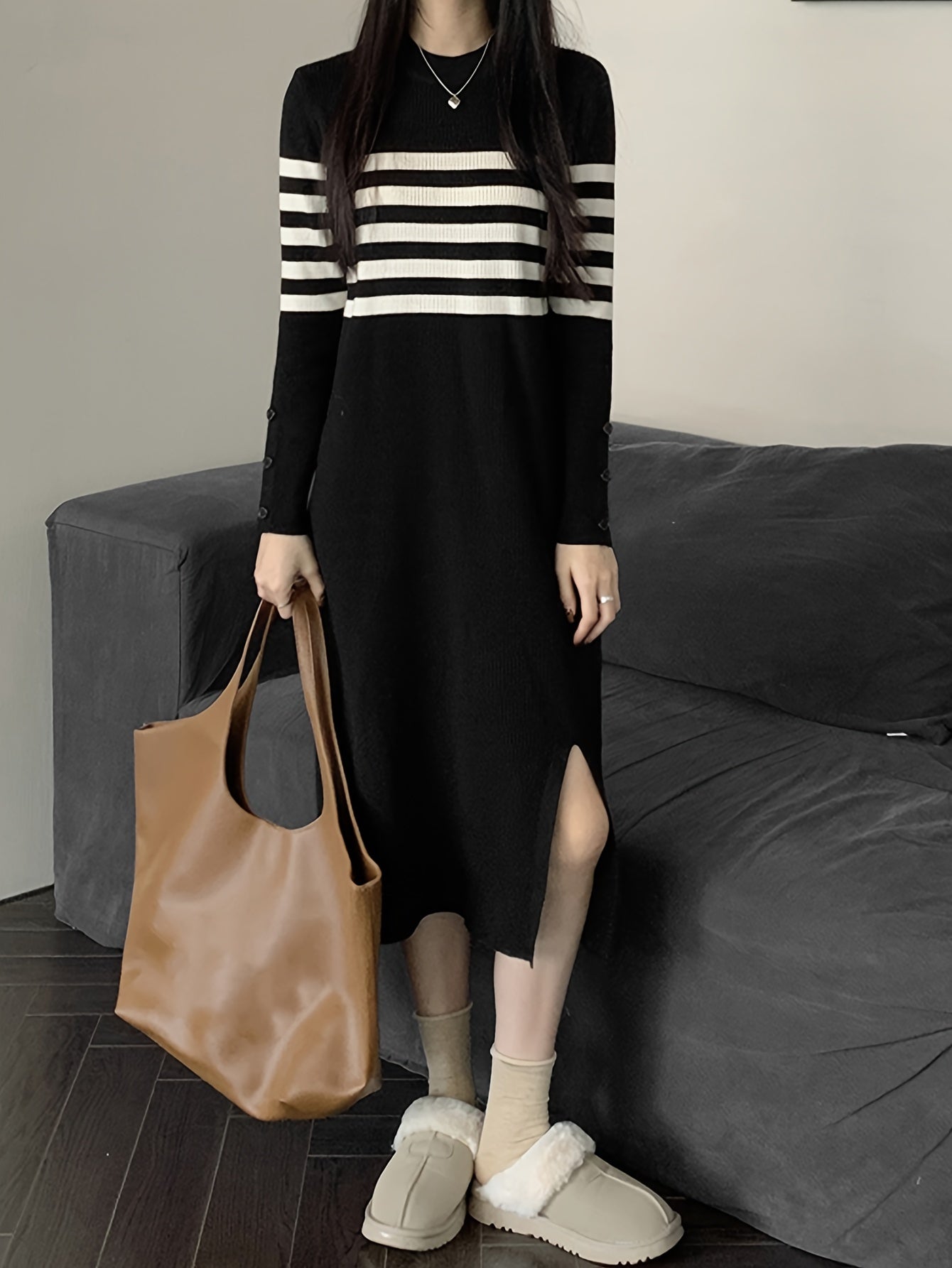 Antmvs Striped Pattern Split Hem Dress, Casual Long Sleeve Dress For Spring & Fall, Women's Clothing