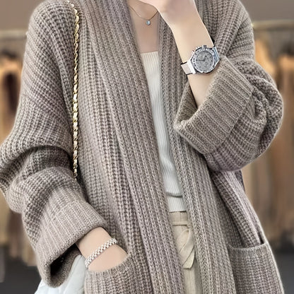 Antmvs Solid Open Front Knit Cardigan, Casual Long Sleeve Oversized Sweater Coat With Pocket, Women's Clothing