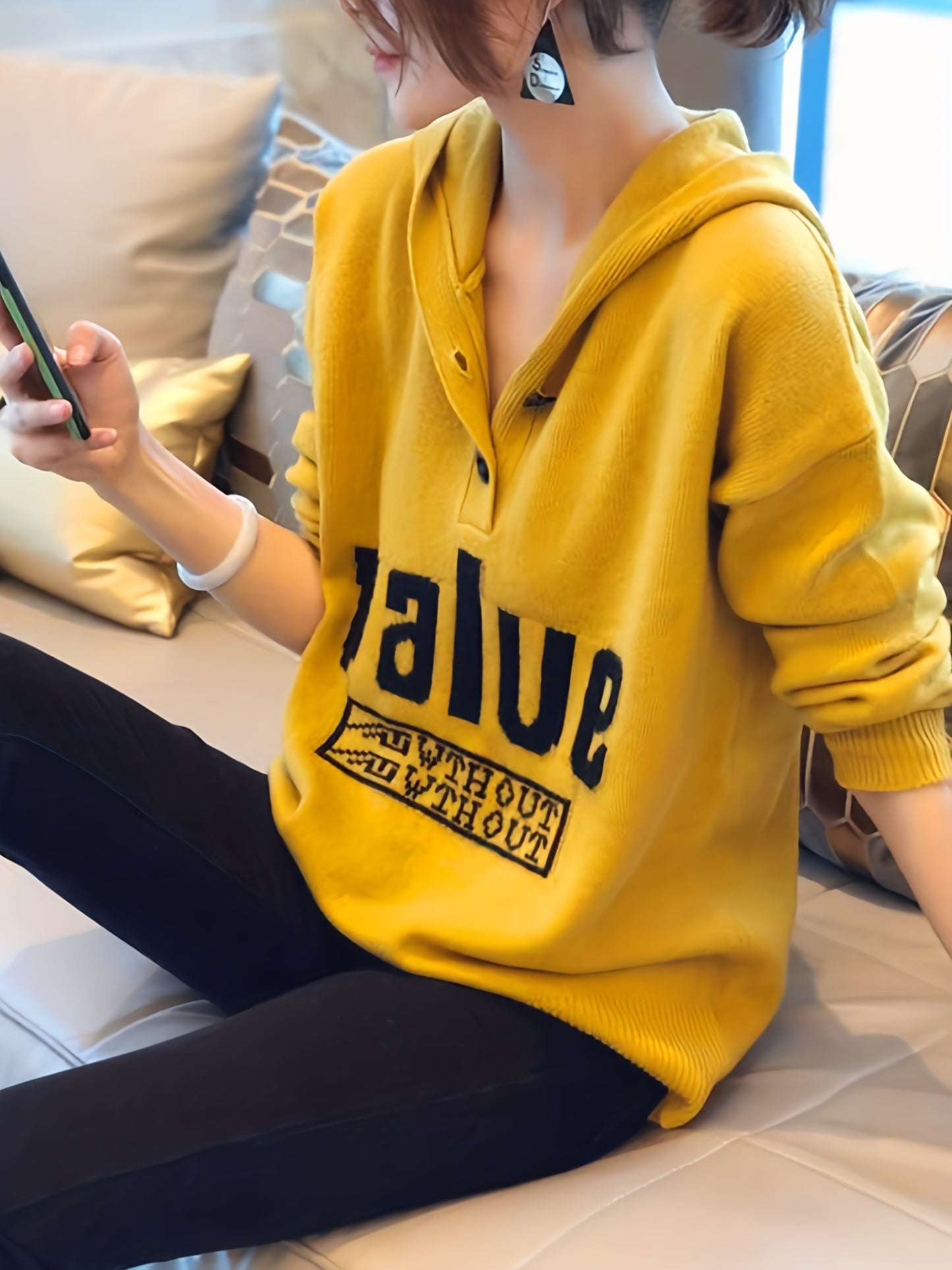 Antmvs Letter Pattern Button Hooded Sweater, Casual Long Sleeve Drop Shoulder Sweater For Fall & Winter, Women's Clothing