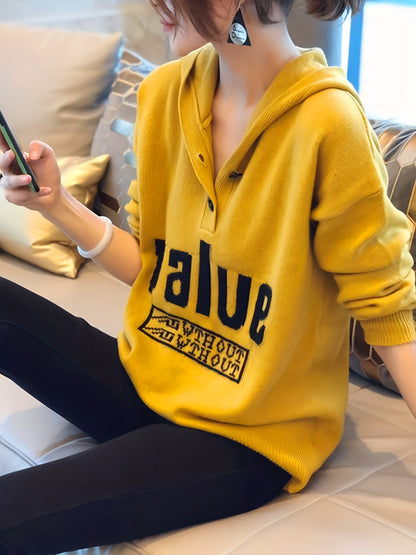 Antmvs Letter Pattern Button Hooded Sweater, Casual Long Sleeve Drop Shoulder Sweater For Fall & Winter, Women's Clothing