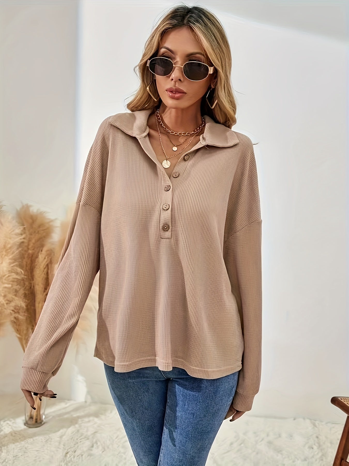 Antmvs Solid Button Front Collared T-Shirt, Casual Long Sleeve Top For Spring & Fall, Women's Clothing