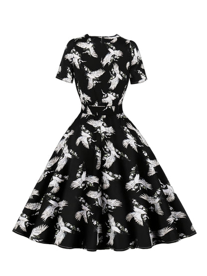 Antmvs Crane Print Tie Front Dress, Elegant Vintage Square Neck Short Sleeve Dress, Women's Clothing