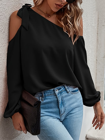 Antmvs Solid Cold Shoulder Blouse, Casual Long Sleeve Blouse For Spring & Fall, Women's Clothing