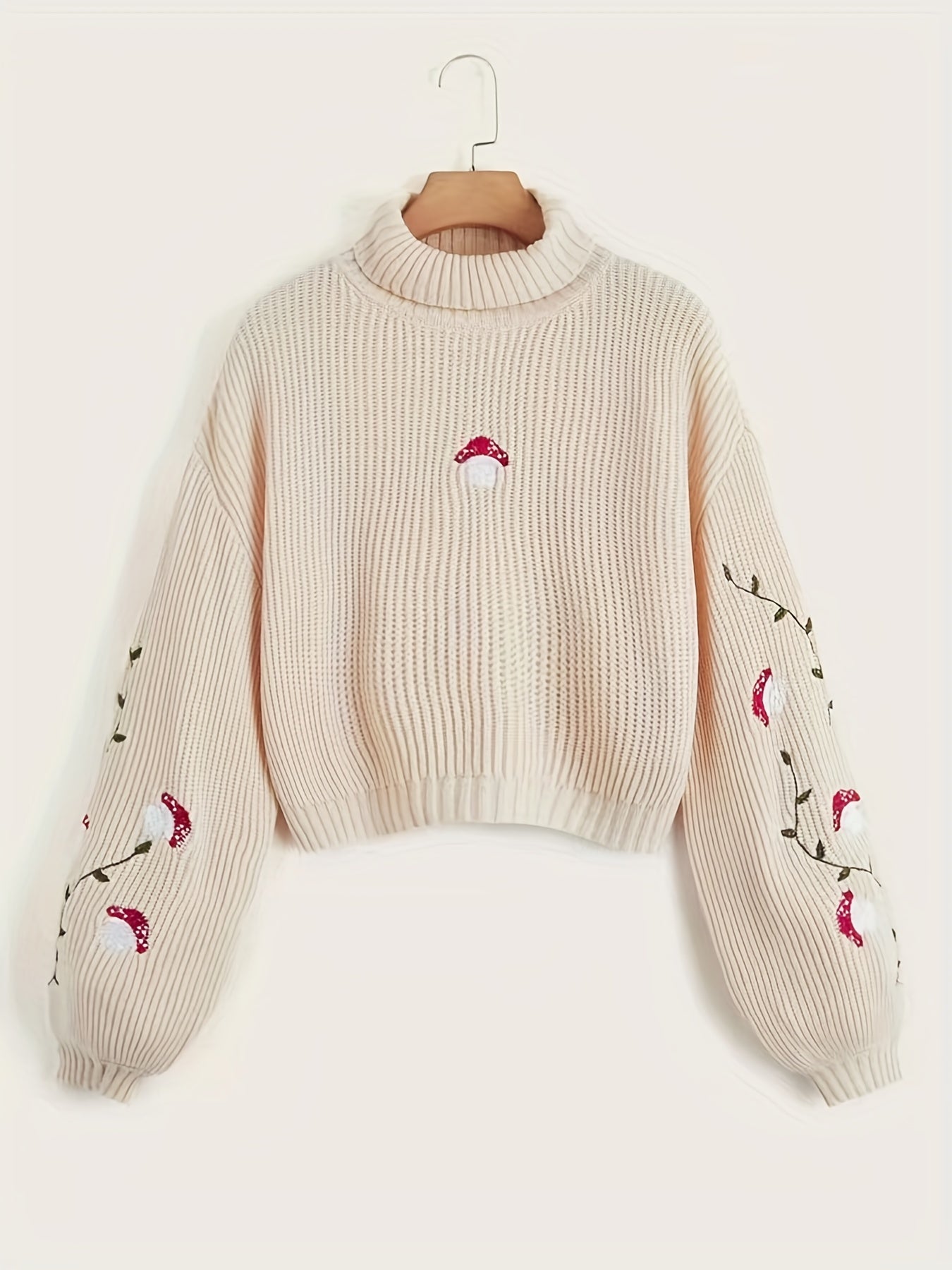 Antmvs Mushroom Print Turtleneck Knit Sweater, Casual Solid Long Sleeve Sweater, Women's Clothing