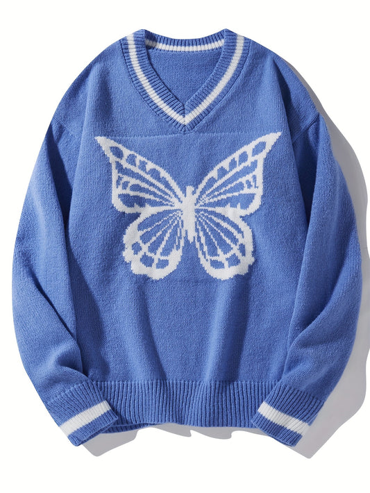 Antmvs Men's Trendy Butterfly Pattern Knitted Pullover, Casual Slightly Stretch Breathable V Neck Loose Pullover For Outdoor Fall Winter