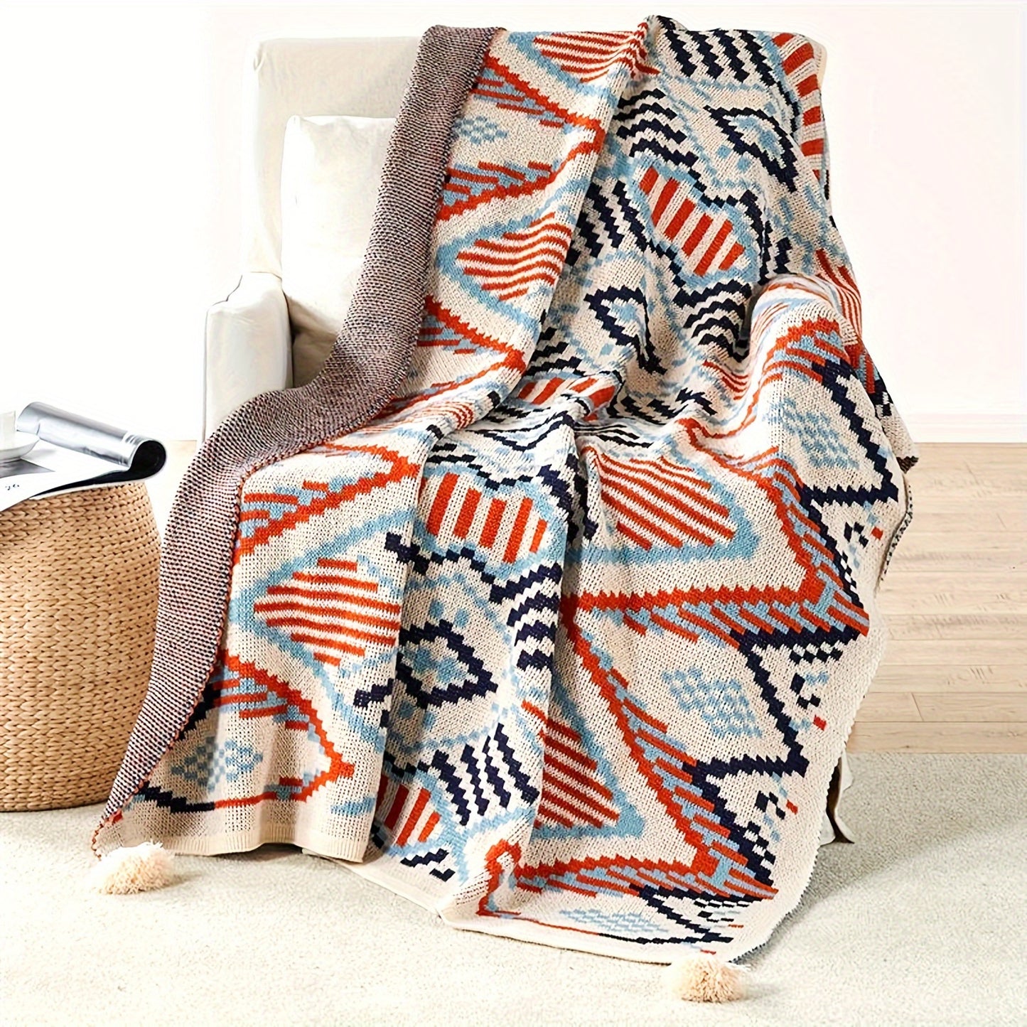 1pc Cozy Boho Knitted Blanket - Ultra-Soft, Warm, and Lightweight Throw for Couch, Sofa, Office, Bed, Camping, and Traveling - Perfect for All Seasons and Occasions