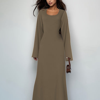 Antmvs Solid Tie Back U Neck Dress, Elegant Long Sleeve Maxi Dress, Women's Clothing