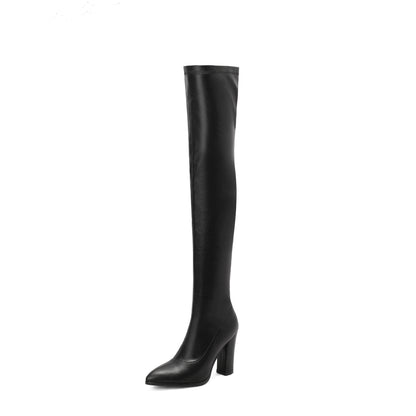 Trendy Womens Solid Color Block Heeled Over The Knee Boots - Smooth Side Zipper, Premium Faux Leather, Ultra-Stylish & Fashion-forward Design