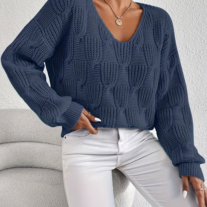 Antmvs Solid V Neck Pullover Sweater, Elegant Long Sleeve Drop Shoulder Loose Sweater, Women's Clothing