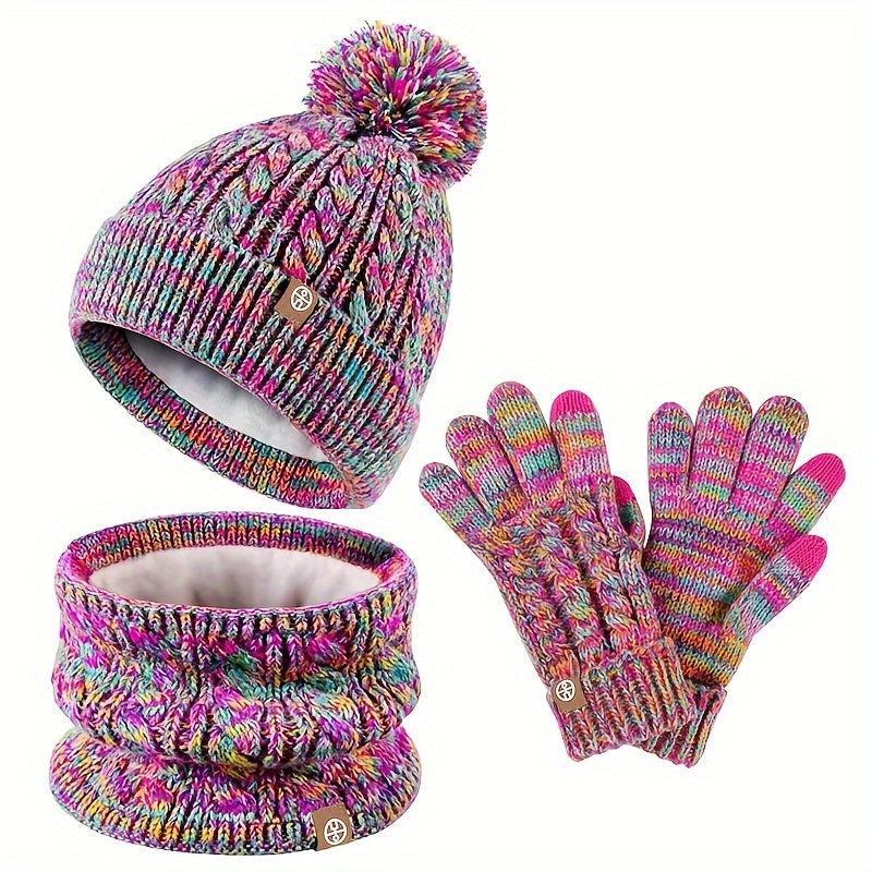 Teenager Hat, Scarf and Gloves Three-pcs Set Winter Thickened and Fleece-lined Warm Knitted Set