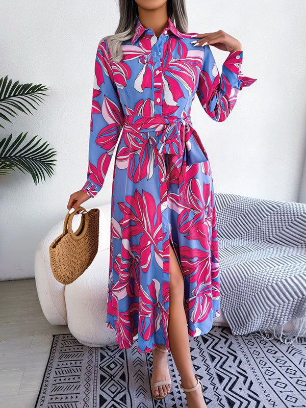 Antmvs Tied Waist Split-Joint Printed Loose Long Sleeves Lapel Shirt Dress