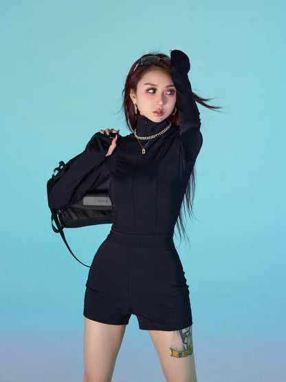 Antmvs Alice Solid Color Black Jumpsuit Long Sleeve Slim Zip Up Top Slim Mini Short Set