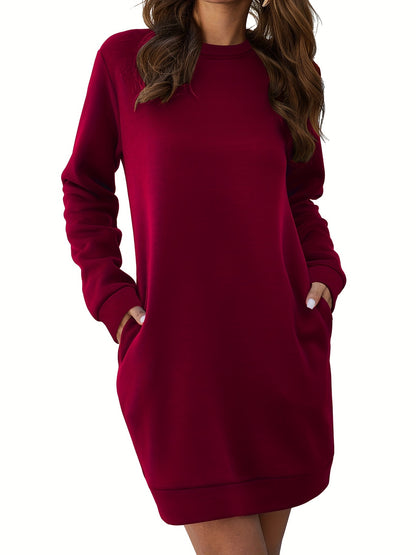 Antmvs Plus Size Long Sleeve Round Neck Tee Dress, Women's Plus Medium Stretch Elegant Tee Midi Dress