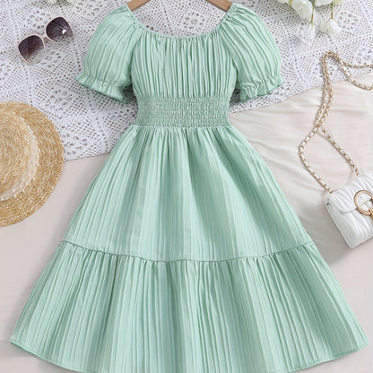 Knee High Girls Elegant Peplum Dress - Shirred, Puff Short Sleeve, Boat Neck, Non-Stretch Polyester, Solid Color, Casual Vacation Dress for Spring and Summer