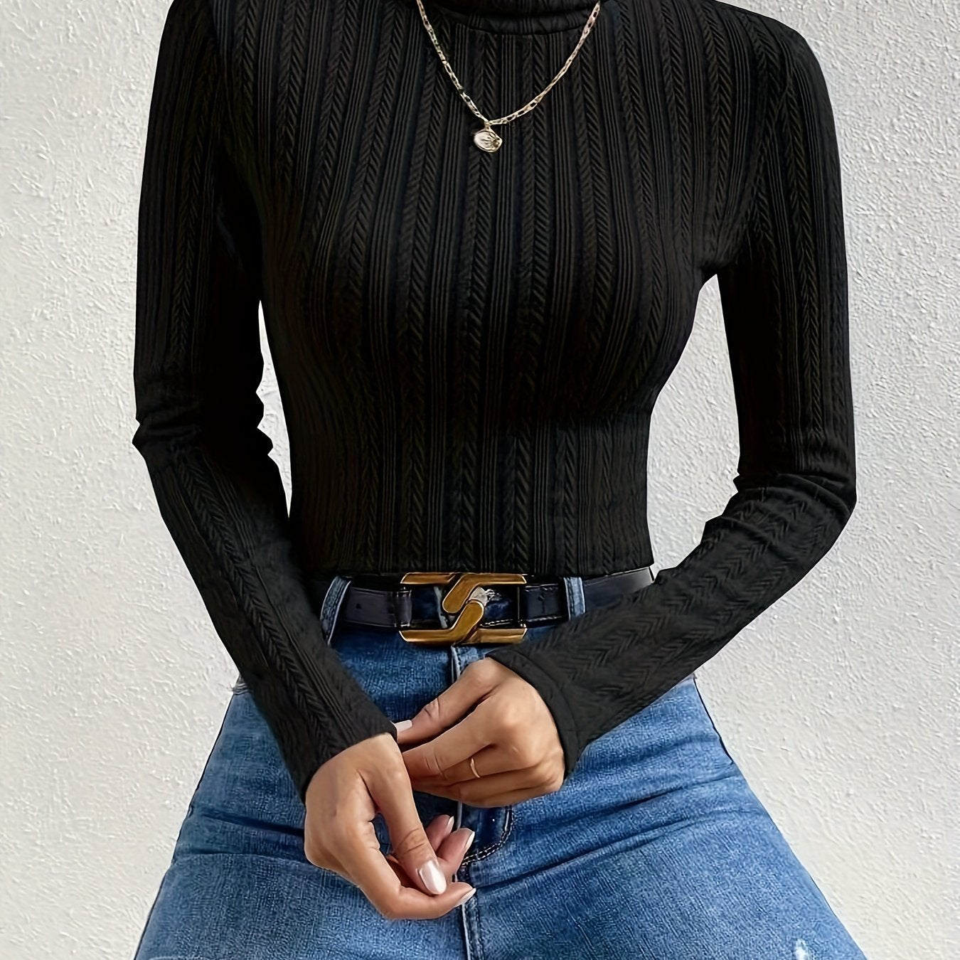 Antmvs Solid Turtleneck Textured T-shirt, Versatile Long Sleeve Slim T-shirt For Fall & Winter, Women's Clothing