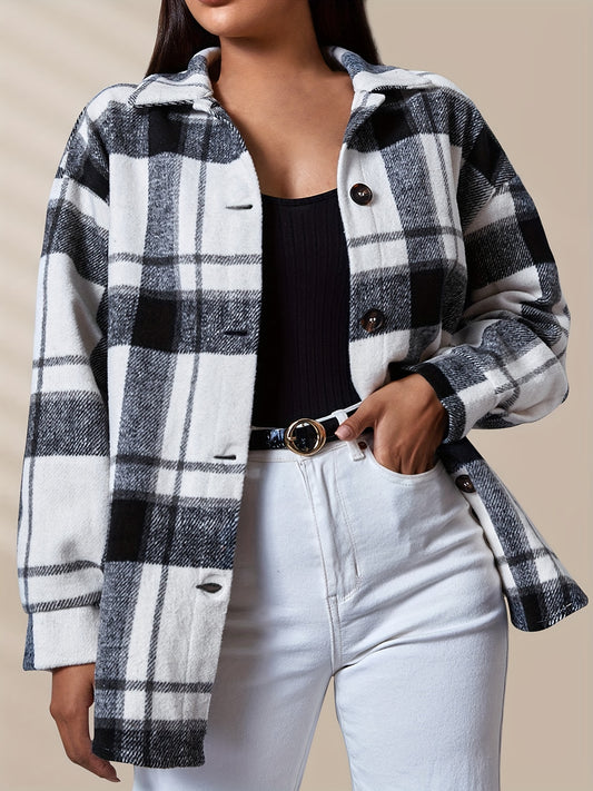 Antmvs Plaid Print Button Front Jacket, Casual Long Sleeve Jacket For Fall & Winter, Women's Clothing